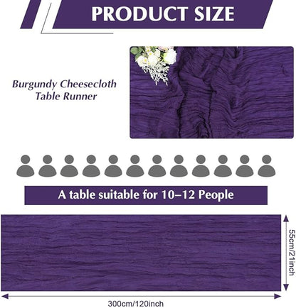 Purple Cheesecloth Table Runner -21*120Inch Long Boho Wedding Table Decor, Rustic Gauze Fabric Runner for Bridal Showers, Baby Showers & Parties (Sheer, Lightweight, Wrinkled Design)