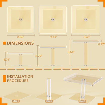 3 Piece Cupcake Stand, Acrylic Dessert Table Display Set, Clear Square Serving Trays for Birthday, Wedding, Baby Shower