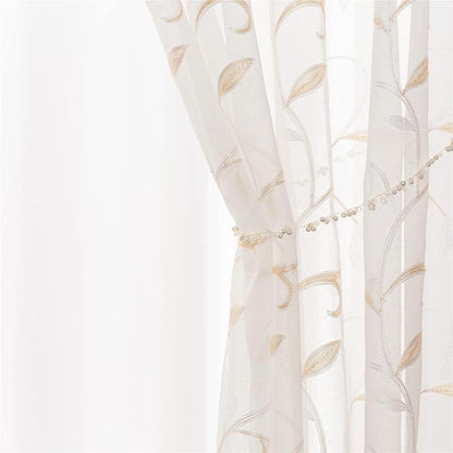VISIONTEX Sheer Curtains 120 inch Length 2 Panels Set, White Voile Crushed Cream Vine Leaves Embroidery, Rod Pocket Embroidered Window Drapes for Living Room and Bedroom, 54" x 120"