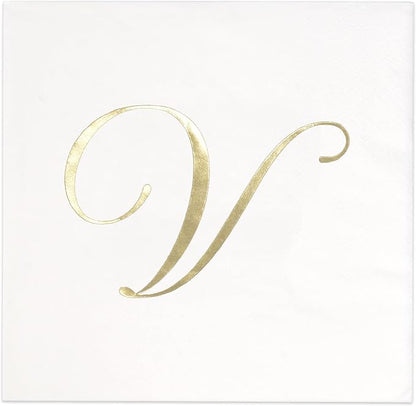 Gift Boutique 100 Gold Monogram Cocktail, Letter V Disposable Paper Pack Elegant Metallic Golden Foil Hand Napkin for Powder Room Wedding Holiday Birthday Party Baby Shower Decorative Towels