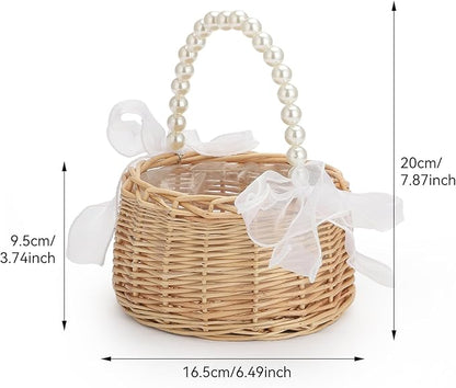 Wicker Rattan Flower Girl Basket Rustic Wedding Flower Girl Basket with Pearl Handle Small Flower Basket for Flower Girl Fairy Wedding Basket Handwoven Easter Baskets for Boys Girls Wedding (1 Pcs)