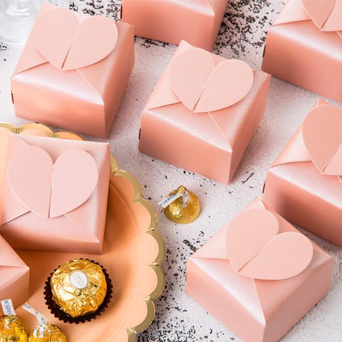AWELL Pink Favor Box Bulk 2.5x2x2.5 inches with Heart Bow Party Favor Box,Pink,Pack of 50