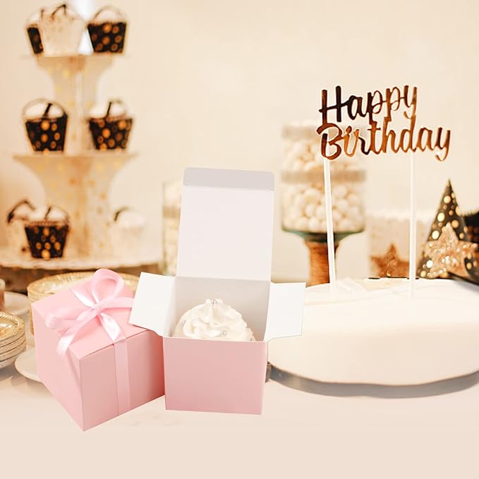 COTOPHER 100pcs Small Gift Boxes, Favor Boxes 2x2x2 inches Paper Gift Boxes with Ribbons Candy Box for Wedding Favors Baby Shower Bridal Shower Birthday Party (100pcs 2x2x2, Pink)