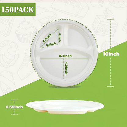 ECOLipak 150 Pack Compostable 3 Compartment Plates, 10 inch Heavy-Duty Disposable Biodegradable Sugarcane Bagasse Paper Plates for Party Dinner