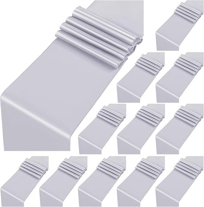 12 Pack Silver Satin Table Runner,12 x 108 inch Long Premium Smooth Table Runner for Wedding, Banquets, Birthday, Party, Graduation, Engagements, Table Runners fit Rectangle and Round Table