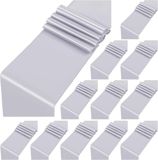 12 Pack Silver Satin Table Runner,12 x 108 inch Long Premium Smooth Table Runner for Wedding, Banquets, Birthday, Party, Graduation, Engagements, Table Runners fit Rectangle and Round Table