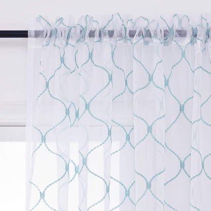 Embroidery Sheer Curtains Blue 95 Inches Long, Window Treatments Rod Pocket Drapes for Living room, Bedroom, Wave Diamond Crinkle Voile Curtain Panels for Yard, Villa, Parlor, Set of 2, 52"x 95".