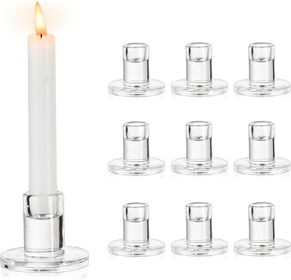 NUPTIO Glass Candle Stick Holder: Set of 10 Clear Small Taper Candlestick Holders for Tapered Candles Bulk Crystal Short Tapers Candlesticks Candleholder for Dining Table Fireplace Mantle Decor