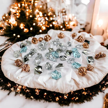 HappyFiller 14 OZ Fake Ice Rocks Cubes Acrylic Gems Stones for Winter Decorations,Christmas Vase Fillers,Wedding Table Scatters,Crafts,Home Centerpieces,Clear,Sea Blue,Silver Mix