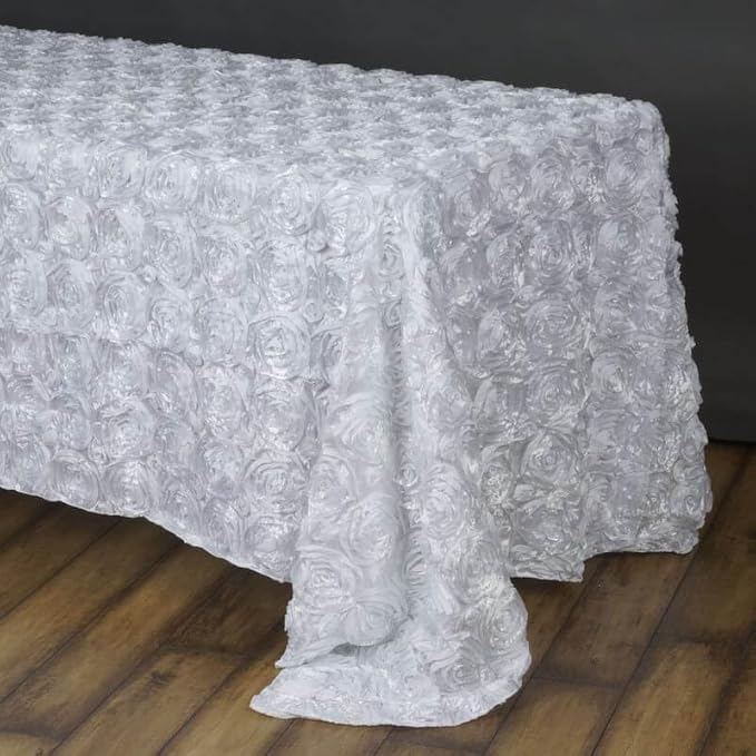 Efavormart 90"x156" Wholesale Rectangle Table Cover White Grandiose Rosette 3D Satin Tablecloth for Wedding Party Event Decoration