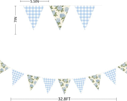 32Ft Blue Flora Party Decorations Blue Gingham HydrangeaTriangle Flag Fabric Banner Pennant Garland Streamer for Flora Birthday Vintage Flower Baby Shower Wedding Tea Party Garden Decor Supplies