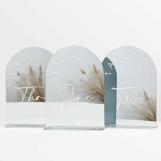 JINMURY Sliver Arch Wedding Table Numbers 1-20 with Stands, 5x7 Inch Acrylic Arch Sign with White Lettering, Sliver Mirror Acrylic Table Numbers for Wedding Reception