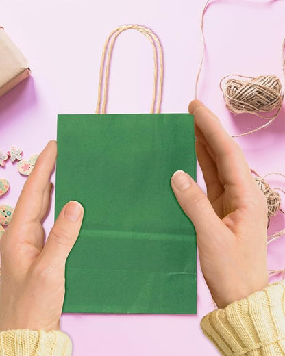 Bakepacker 100 Pcs Deep Green Mini Paper Gift Bags with Handles 6"x4.5"x2.5" Brown Kraft Party Favor Bags Multiple Uses (Mini size)