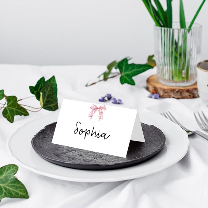 25 Pack Pink Plaid Bow Place Cards, Editable Name Cards for Table Setting, Tent Cards Food Label for Dinner Party, Bridal Shower, Wedding, Baby Shower and Events -T30