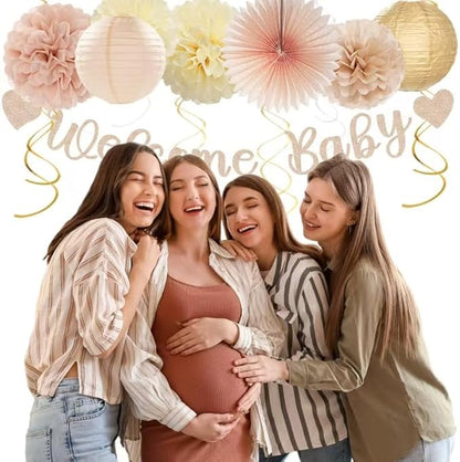 Champagne-Gold Beige Fall Baby-Shower Party-Decorations - 36pcs Welcome Home Banner Sign,Neutral Paper Lanterns,Girl Streamers Garland,Boho Hanging Tissue Pom Poms Flowers Fans Backdrop Decor Burgleda