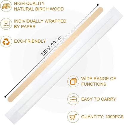 1000Pcs Disposable Wood Coffee Stir Sticks Stirrers Individually Paper Wrapped Coffee Tea Beverage Stirrers Stirrings 7.5 Inch,190mm