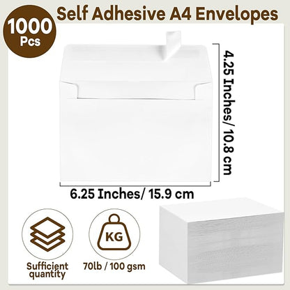 gisgfim 1000 Pcs A4 Envelopes with Self Adhesive 4.25x6.25 In White Invitation Envelopes for 4x6 Cards Printable Mailing Mailers Bulk for Wedding Baby Shower Postcard Photo Thank Notes Greeting Card