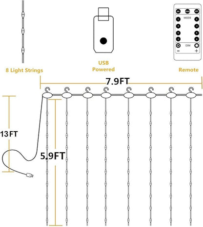 YEOLEH String Lights Curtain,7.9 x 5.9Ft 144LEDs USB Powered Fairy Lights for Bedroom Wall Decor,8 Modes & IP64 Waterproof Ideal for Outdoor Indoor Home Garden Party Holiday Halloween Room,Warm White