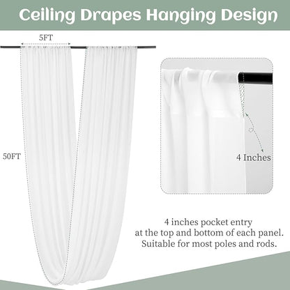 6 Panels White Wedding Ceiling Drapes 5ftx50ft Ceiling Drapes Chiffon Fabric Arch Draping Sheer Curtains Soft Drapery Draping Wedding Ceiling Decorations for Party Ceremony Stage Swag