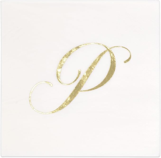 Gift Boutique - 100 Gold Monogram Cocktail Napkins Letter P Disposable Paper Pack Elegant Metallic Golden Foil Hand Napkin for Powder Room Wedding Holiday Birthday Party Baby Shower Decorative Towels