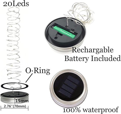 Solar Mason Jar Lid String Lights, 8 Pack 20 Led String Fairy Star Firefly Jar Lids Lights with 8 Hangers Included, for Patio Garden Wedding Lantern (Multi-Colored)
