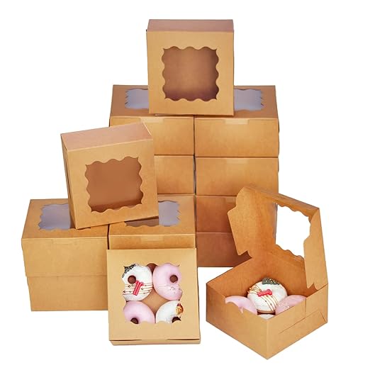Bakepacker 100pcs Kraft Cookie Boxes 6x6x3 inches Easy Assemble Macaroon Pastry Boxes Bakery Boxes with Window for Bakery