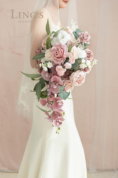 Ling's moment Dusty Rose Bridal Bouquet Cascading, Pink Wedding Bouquets for Bride, 15 Inch Bride Bouquet Orchids Artificial Wedding Flower Bouquet