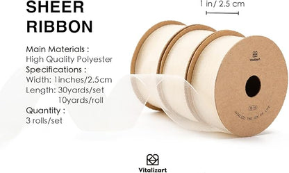 Vitalizart Ivory Cream Ribbon Organza Sheer Ribbon 1 inch x 30Yd Handmade Fabric Ribbons for Gift Wrapping Christmas Tree Crafts Bows Wedding Invitations Wreaths Wrap