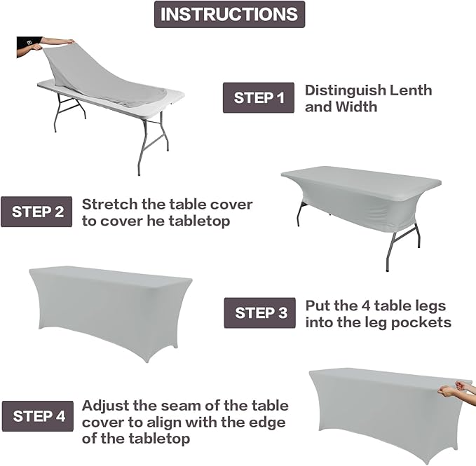 IVAPUPU 2 Pack 4FT Table Cloth for Rectangular Fitted Events Stretch Grey Table Covers Washable Cover Spandex Tablecloth Protector for Party, Wedding, Cocktail, Banquet, Festival
