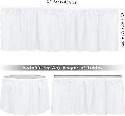 TURSTIN 4 Pieces White Plastic Table Skirts 14 Feet x 29 Inch for Rectangle Tables Fitted Tablecloth Disposable Table Cover for Birthday Party, Events, Banquette Baby Shower
