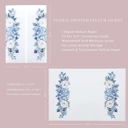 PONATIA 50PCS Vellum Jackets for 5x7 Invitation Cards- 135GSM Dusty Blue Flowers Sleeves, Vellum Paper 5x7 Jackets - Wedding Invitations Wraps - Transparent Card