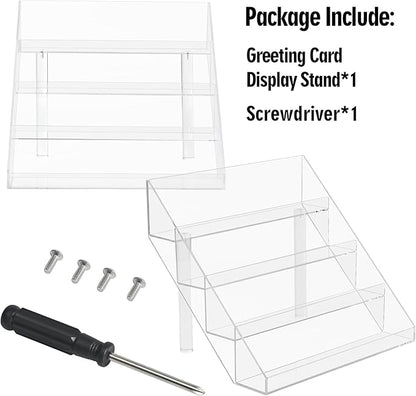 PecMuikee Greeting Card Display, 4 Tiers Clear Acrylic Sticker Display Stand for Vendors Retail, Display Photo Stand for Counter Tabletop Display Supplies, 1 Set