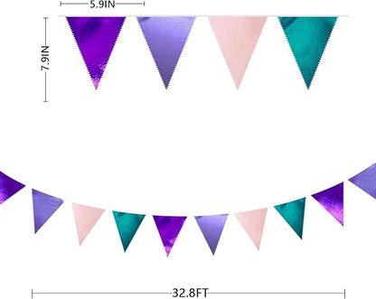 Mermaid Party Decorations Purple Pink and Teal Aqua Metallic Fabric Triangle Pennant Banner Flag Bunting Garland for Mermaid Under the Sea Birthday Wedding Baby Shower Engagement Party Supplies