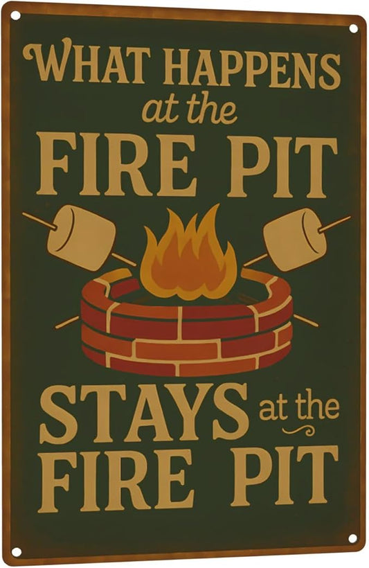 Funny Firepit Metal Sign - "What Happens at the Firepit" Outdoor Wall Decor for Patio, BBQ, Grill, or Campsite - Great Gift for Campers & Dads - 8" x 12"