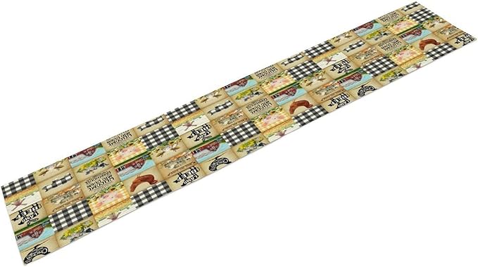 Farmhouse Animals Table Runner,Rustic Cabin Pig Chicken Cow Sunflowers Geometric Grids Burlap for Hotel Indoors Outdoor Dining Room Kitchen Holiday Party, 13x80in