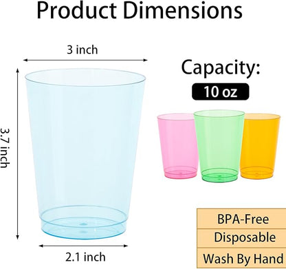 DaYammi 100 Pack Colorful Plastic Cups 10 Oz Disposable Cups Neon Glowing Plastic Party Cup, Assorted Neon Colors for Wedding Wine Glasses Heavy Duty Disposable Tumblers Drinking Cocktail Glasses