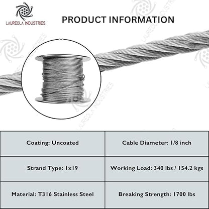 Laureola 1/8" Type-1x19 Grade-316 Stainless Steel Cable Railing Wire Rope - 800ft