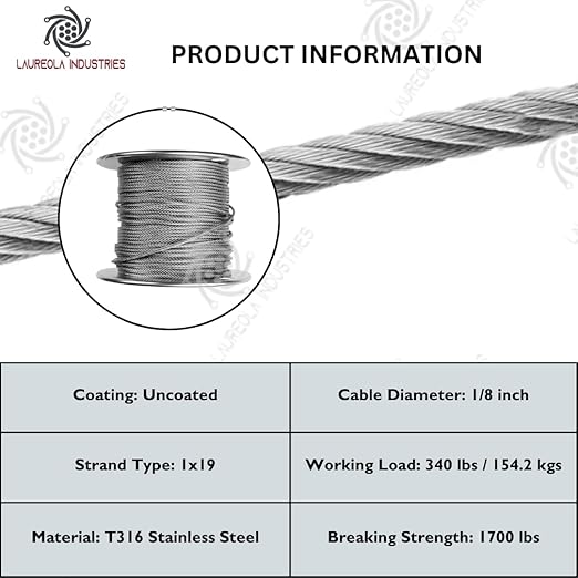 Laureola 1/8" Type-1x19 Grade-316 Stainless Steel Cable Railing Wire Rope - 150ft