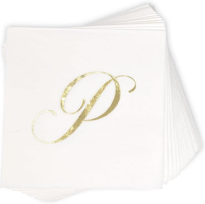 Gift Boutique - 100 Gold Monogram Cocktail Napkins Letter P Disposable Paper Pack Elegant Metallic Golden Foil Hand Napkin for Powder Room Wedding Holiday Birthday Party Baby Shower Decorative Towels