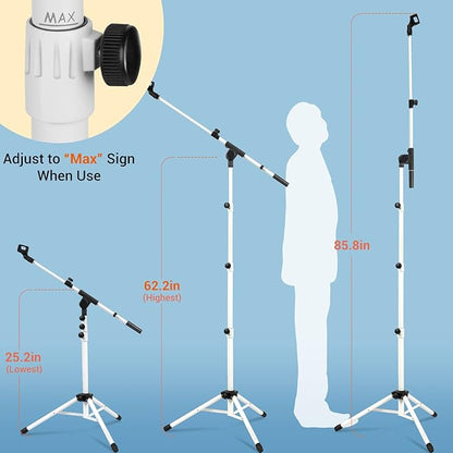 CAHAYA Microphone Stand Tripod Boom Arm Floor Mic Stand with Carrying Bag and 2 Mic Clips for Singing Performance Wedding Stage and Mic Mount White