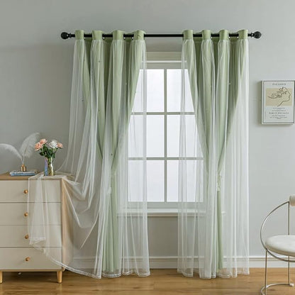 FANLI 2 Panels Star Blackout Curtains for Kid Girls Bedroom Living Room Darking Stripe Double Layer Star Cut Out Wall Home Decor Gradient Grommet Window Curtains (Green 95L)
