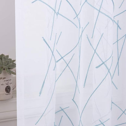 Blue Sheer Curtains 63 Inches, Rod Pocket Voile Drapes for Living room, Bedroom, Modern Embroidery Window Treatments Semi Faux Linen Curtain Panels for Yard, Patio, Parlor, Set of 2, 52"x 63".