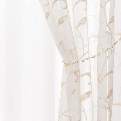 VISIONTEX White Sheer Voile Curtains, Decorative Beige Leaves Embroidery Faux Linen Rod Pocket Window Drapes for Home Kitchen, Living Room and Bedroom 54 x 84 Inch, Set of 2 Curtain Panels