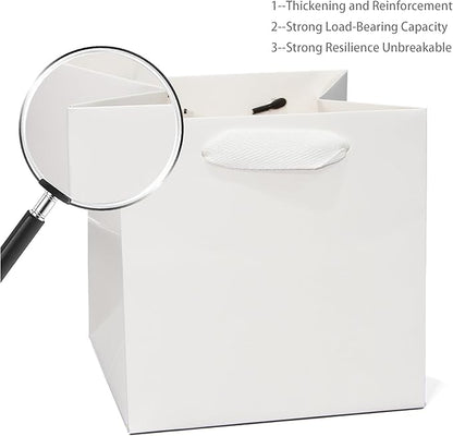 White Paper Gift Bag Small Square Bottom Kraft Paper Bags with Handles for Wedding Baby Shower Birthday Party (White, 8 x 8 x 8 in, 10 CT)
