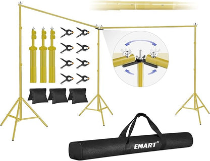 EMART Backdrop Stand, 20x7ft(WxH) Large Adjustable Background Support System with 308° Angle Rotatable Connector, 8 Clamps, 3 Sandbags and Carry Bag for Paties, Wedding, Photography -Titanium Gold