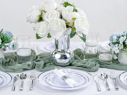50Guests Pre Rolled Silver Plastic Silverware Sets - Heavy Duty Silver Cutlery - Include 50 Pack Wrapped Disposable Utensils with Napkins for Parties & Dinners & Weddings