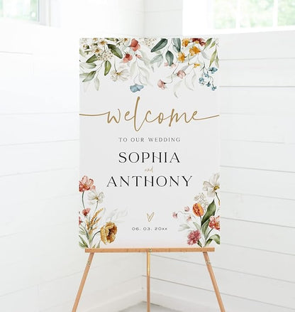 Generic Floral Wedding Welcome Sign, 18x27 inches, Plastic, 4 mm Thick, Tabletop/Hanging Mount, Includes Stand