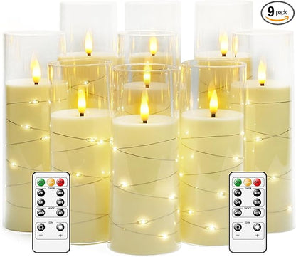 Flameless LED Candles with Timer 9 Pc Flickering Flameless Candles for Romantic Ambiance and Home Decoration Stable Acrylic Shell,with Embedded Star String，Battery Operated Candles（Ivory）