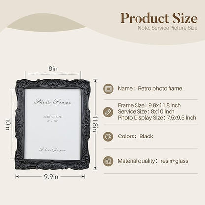 Cuspin Black 8x10 Picture Frame, Vintage Ornate Decorative Hand-Carved Resin Photo Frame with Detailed Design for Tabletop Display or Wall Hanging, Black Home Decor
