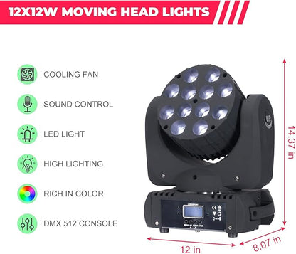 Moving Head Light Beam Wash 12x12W LED Stage Lighting RGBW 4in1 Professional DMX 512 Strobe Effect Sound Activated DJ Lights for DJ Night Clubs Disco KTV Bar Show (1 Pack)